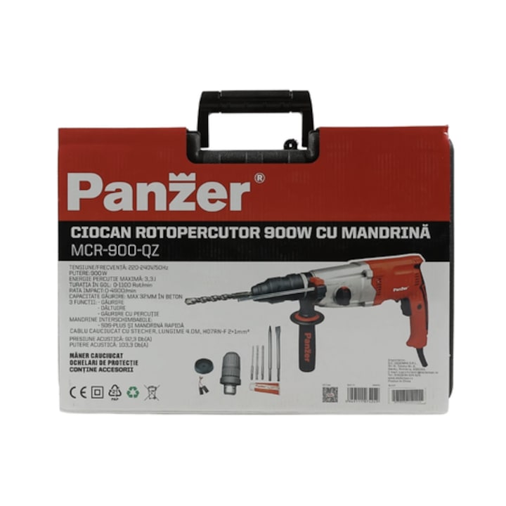 Ciocan rotopercutor Panzer, 900 W, cu cablu, SDS plus, cu valiza, 1 mandrina rapida, 3 burghie, 1 dalta si 1 spit