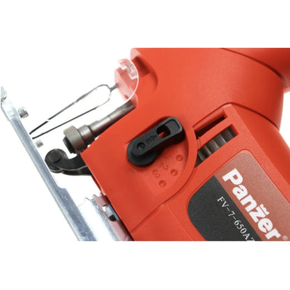 Fierastrau electric vertical, pendular, Panzer, 650 W, 220 V, 107 dB, 3000 curse / min, 70 mm taiere lemn, otel 8 mm, plastic, prindere fara cheie, cablu 2m, baza din otel, 4 pozitii pendulare