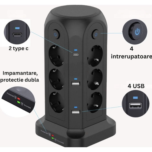 Prelungitor tip turn, 12 prize, 4 USB, 2 USB-C, 4 buton ON/OFF, Protectie impotriva Supratensiunii, 2m, ABS, negru, ideal pentru birouri, 3680W, 230V