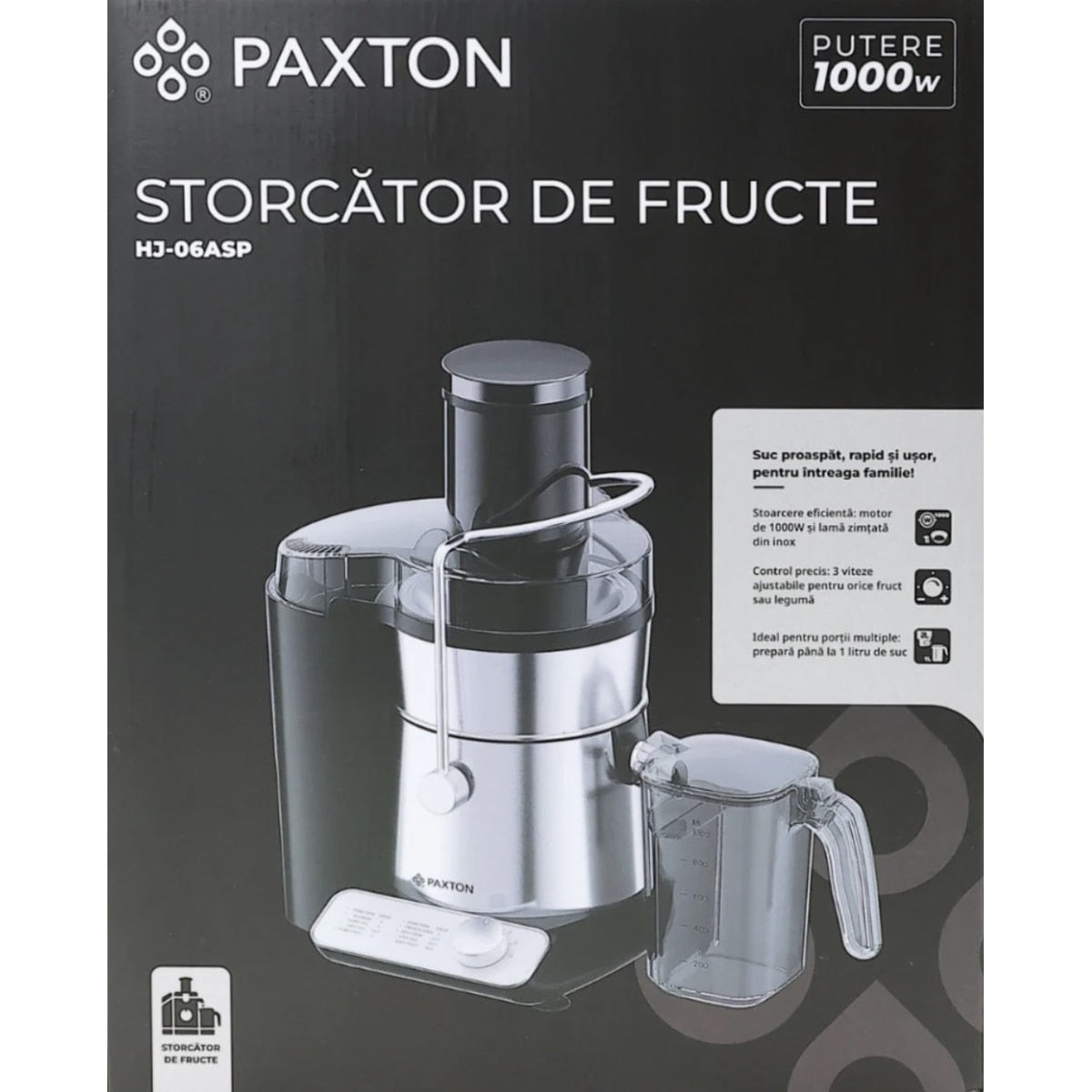 Storcator de fructe si legume, Paxton, 1000 W, 3 viteze, recipient pulpa 2 litri, recipient suc 1 litru, argintiu cu negru, otex inoxidabil, Element fixare capac, perie inclusa, 1 m, 230 V, 3.6 kg