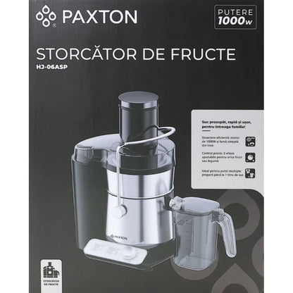 Storcator de fructe si legume, Paxton, 1000 W, 3 viteze, recipient pulpa 2 litri, recipient suc 1 litru, argintiu cu negru, otex inoxidabil, Element fixare capac, perie inclusa, 1 m, 230 V, 3.6 kg