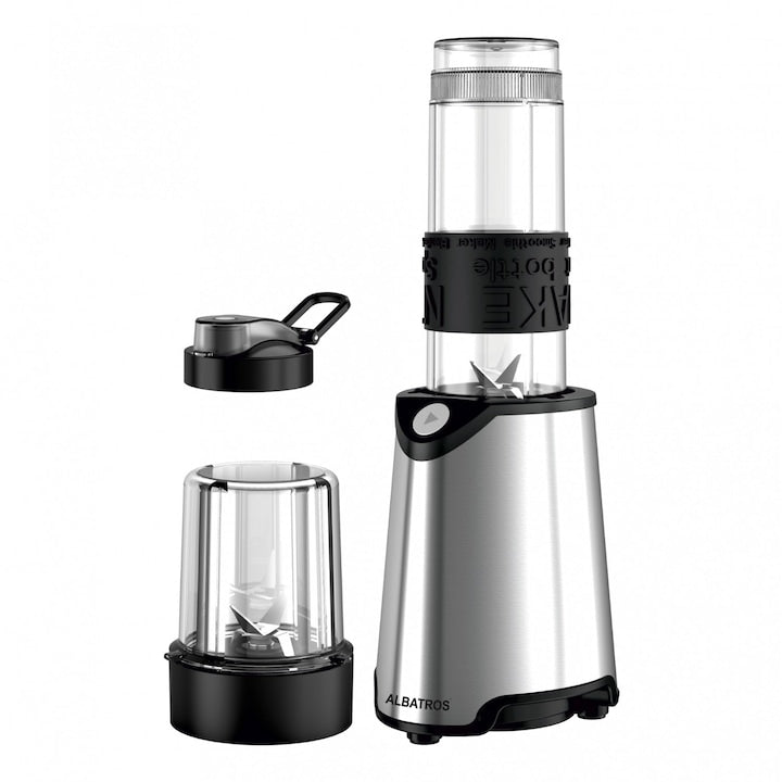 Blender Albatros Energy Mix, 600 W, 1 treapta de viteza, 0.57 l, bol plastic Tritan Copolyester, zdrobire gheata, argintiu + negru, accesoriu rasnita + manson cauciuc AN