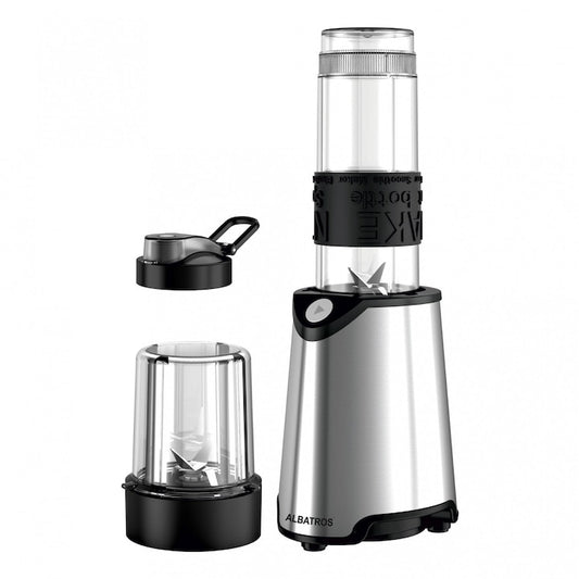 Blender Albatros Energy Mix, 600 W, 1 treapta de viteza, 0.57 l, bol plastic Tritan Copolyester, zdrobire gheata, argintiu + negru, accesoriu rasnita + manson cauciuc AN