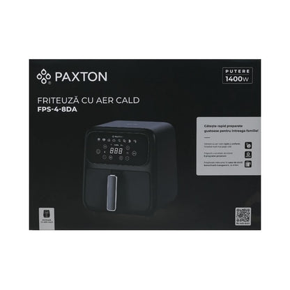 Friteuza cu aer cald, airfryer, Paxton, 1400 W, 4 litri, 8 programe, timer, afisaj digital tactil, termostat reglabil, interval temperatura de la 80 la 200 grade, negru, 5 kg, 1m
