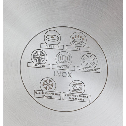 Oala inox, cu capac, baza 5 straturi, 17.5 L, D 32 cm, in interior finisaj satinat, in exterior finisaj lucios cu 3 linii satinate, maner inox, plita electrica, gaz, halogen, inductie, vitroceramica
