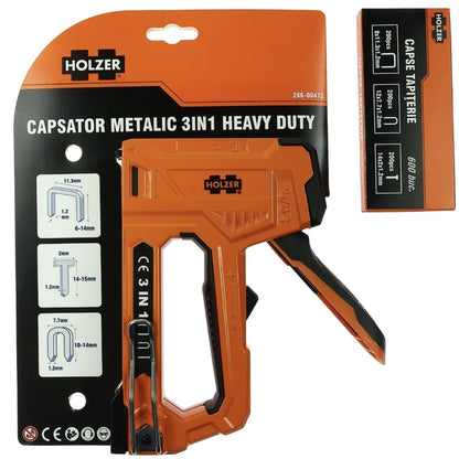 Capsator manual, Holzer, material metal, 3 in 1, pentru proiecte de bricolaj, tapiterie, fixarea foliilor, capse incluse, 0.8 kg, compatibil cu capse, cuie si alte tipuri uzuale de elemente de fixare