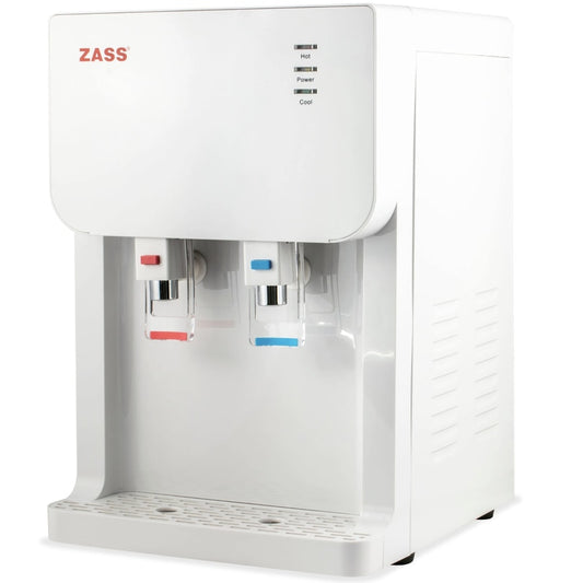 Dozator apa Zass, cu sistem de filtrare si racordare la reteaua de apa, putere incalzire 500 W, putere racire 60 W, indicatoare LED pentru apa calda si rece, termostat automat, alb