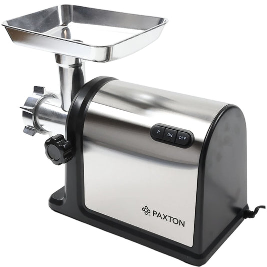 Masina de tocat carne electrica, Paxton, 1 viteza, functie Reverse, 2.8 kg/min, 3000 W, argintiu si negru, accesoriu carnati, accesoriu kibbe, accesoriu suc rosii, accesoriu piscoturi, 5.2 kg, 0.8 m