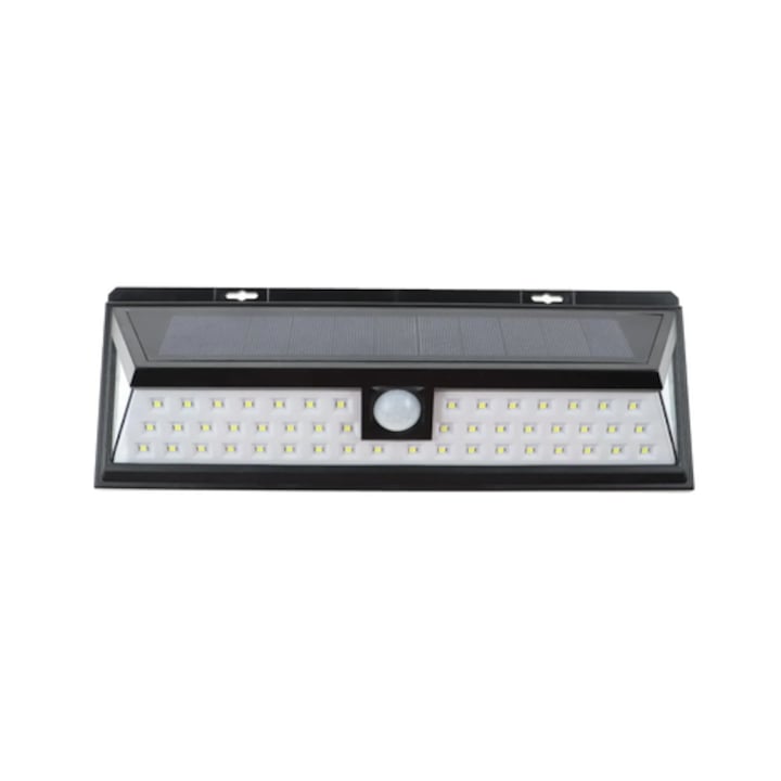 Lampa solara cu LED, 5 W, 360 lm, lumina rece, cu senzor de miscare, 3 moduri de iluminare, negru, IP65, exterior, modern, 30.000 ore media de viata, panou solar