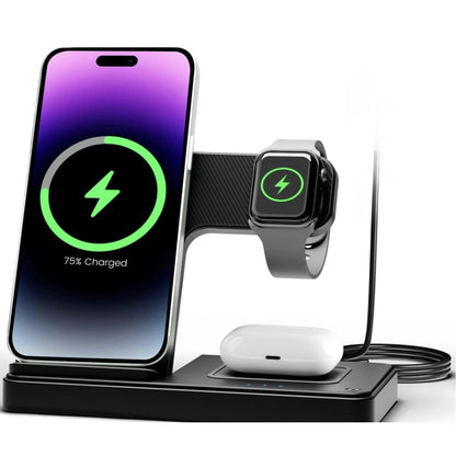 Statie de incarcare wireless 3-in-1, telefon, casti, smart watch, ceas inteligent, Fast Charge 15W, usor de transportat, neagra, brand NETERRA, protectie supraincalzire si supratensiune