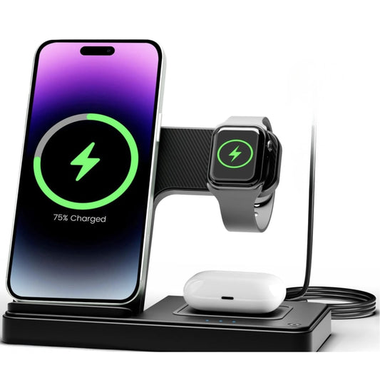 Statie de incarcare wireless 3-in-1, telefon, casti, smart watch, ceas inteligent, Fast Charge 15W, usor de transportat, neagra, brand NETERRA, protectie supraincalzire si supratensiune