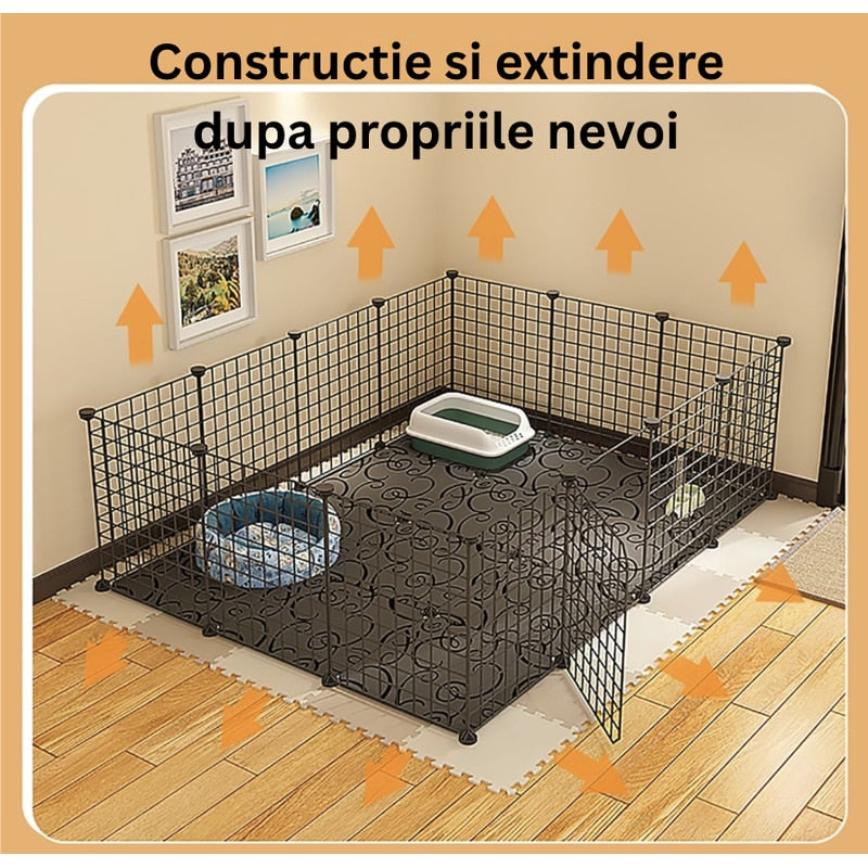 Tarc modular pentru animale mici si medii: iepuri, hamsteri, porcusori, pui, pisici, caini, 12 panouri 35 x 35 cm, constructie personalizata, interior, exterior, montaj rapid, metal, negru, NETERRA