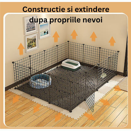 Tarc modular pentru animale mici si medii: iepuri, hamsteri, porcusori, pui, pisici, caini, 12 panouri 35 x 35 cm, constructie personalizata, interior, exterior, montaj rapid, metal, negru, NETERRA