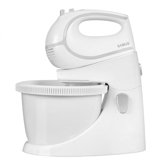 Mixer cu bol Samus SMX-500V, 500 W, 5 viteze + Turbo, Accesorii amestecat, Accesorii framantat, Buton Eject, Vas rotativ, Alb