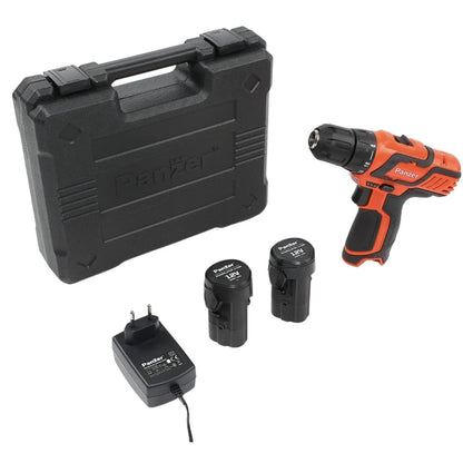 Masina de gaurit si insurubat, cu 2 acumulatori inclusi, 12 V, 2 Ah, Panzer, 1400 rpm, mandrina rapida, cu valiza, 2 trepte viteza, deschiderea mandarinei 10 mm, stanga sau dreapta