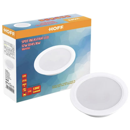 Spot LED incastrat Hoff, 12 W, 1380 lm, lumina neutra, 4000K alb, diametru 14.5 cm, rotund, 20.000 ore dura viata medie, 220V
