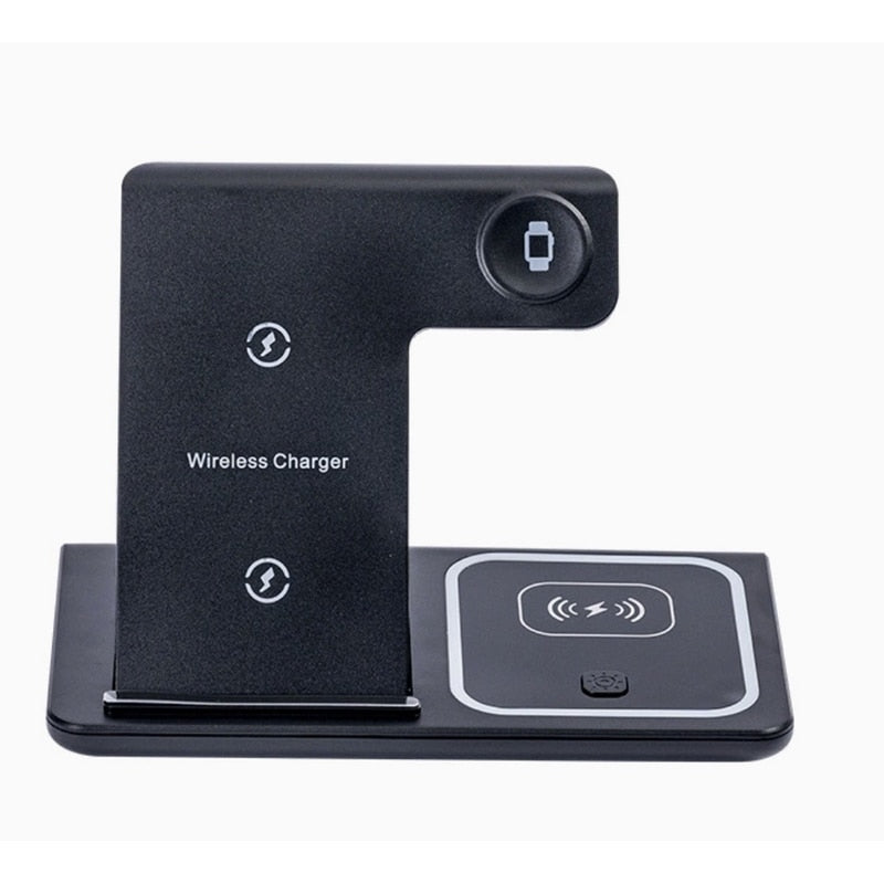 Statie de incarcare wireless 3-in-1, telefon, casti, smart watch, ceas inteligent, Fast Charge 15W, usor de transportat, neagra, brand NETERRA, protectie supraincalzire si supratensiune