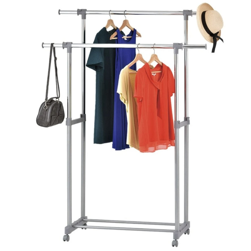 Suport haine Grandio cu 2 bare, metal și plastic, înălțime reglabilă 95.5-169 cm, negru, 90-139x42.5x95.5-169 cm