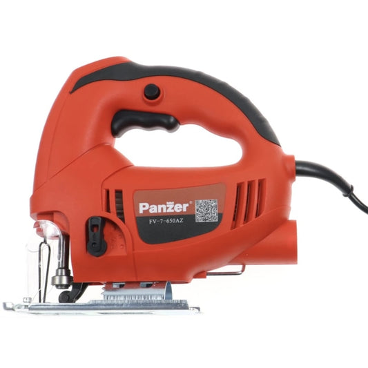 Fierastrau electric vertical, pendular, Panzer, 650 W, 220 V, 107 dB, 3000 curse / min, 70 mm taiere lemn, otel 8 mm, plastic, prindere fara cheie, cablu 2m, baza din otel, 4 pozitii pendulare