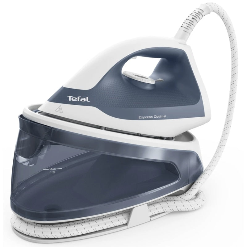Statie de calcat Tefal Express Optimal, 2200 W, 1.2 litri, jet de abur 190 g/min, talpa Xpress Glide, jet de abur vertical, presiune 5 bar, oprire automata, functie anticalcar, alb albastru