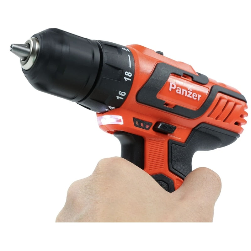 Masina de gaurit si insurubat, cu 2 acumulatori inclusi, 12 V, 2 Ah, Panzer, 1400 rpm, mandrina rapida, cu valiza, 2 trepte viteza, deschiderea mandarinei 10 mm, stanga sau dreapta