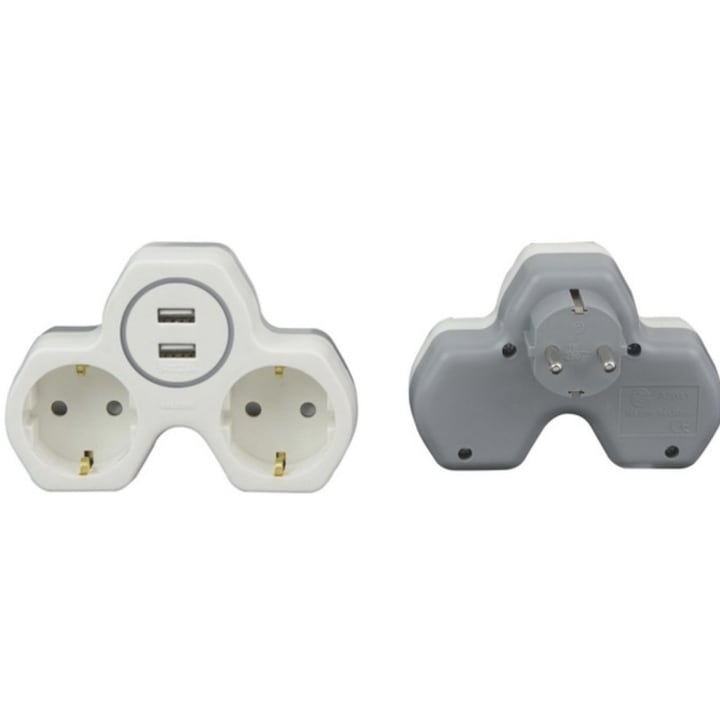Adaptor 2 prize, 2 USB, protectie copii, 16A, orizontal, 230v, 0 m cablu, 3680 W max, port USB incarcare rapida 2.4 A, constructie simpla si fiabila, usor de utilizat