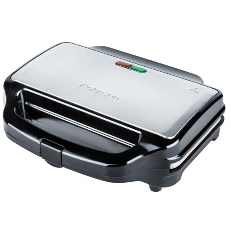 Sandwich maker, Rohnson, 900 W, 2 sandwich-uri, functie blocare, picioare antiderapante, maner izolat termic, carcasa din otel inoxidabil, protectie supraincalzire, argintiu, 1.73 kg, negru, cablu 1m