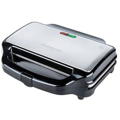 Sandwich maker, Rohnson, 900 W, 2 sandwich-uri, functie blocare, picioare antiderapante, maner izolat termic, carcasa din otel inoxidabil, protectie supraincalzire, argintiu, 1.73 kg, negru, cablu 1m