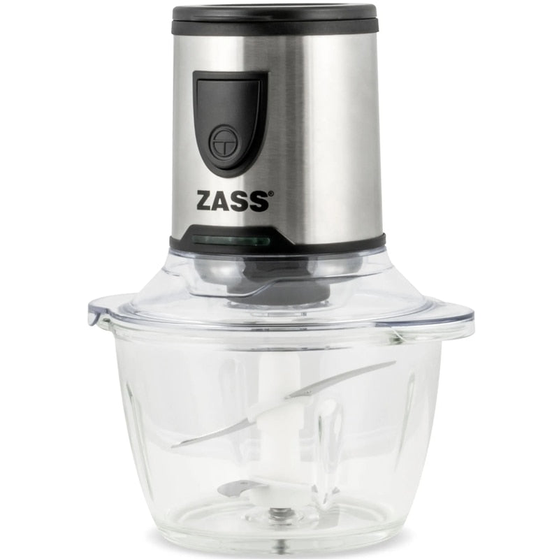 Tocator electric Zass, 200 W, 1 treapta de viteza, 1.2 l, bol din sticla, cutit 2 lame otel inoxidabil, sistem siguranta prin blocare, argintiu, recipient plastic 400 ml si capac, recipient macinat
