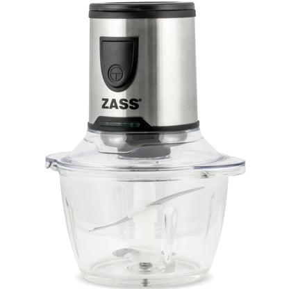 Tocator electric Zass, 200 W, 1 treapta de viteza, 1.2 l, bol din sticla, cutit 2 lame otel inoxidabil, sistem siguranta prin blocare, argintiu, recipient plastic 400 ml si capac, recipient macinat