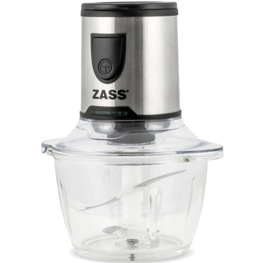 Tocator electric Zass, 200 W, 1 treapta de viteza, 1.2 l, bol din sticla, cutit 2 lame otel inoxidabil, sistem siguranta prin blocare, argintiu, recipient plastic 400 ml si capac, recipient macinat