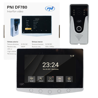 Interfon video PNI DF780 cu 1 monitor, ecran 7 inch 1080p, slot card, IP65, comanda 2 porti, inregistrare miscare eveniment, conexiune maxim 4 monitoare, 2 unitati externe si 2 camere CCTV