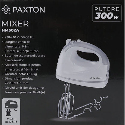 Mixer de mana, Paxton, 300 W, 5 viteze, functie Turbo, carlig framantare, paleta amestecare, buton de ejectare accesorii, alb cu gri, 1.16 kg, 82 db, 7.7 x 18.2 x 15.1 cm, 230V, 0.8 m, plastic metal
