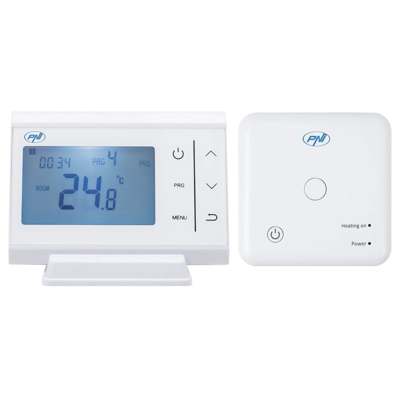 Termostat de ambient pentru centrala, wireless, fara fir, PNI, programabil, afisaj digital, protectie inghet, programare pe zile, IP30, alb, acuratete 0.1 grade, 2 x AAA, de la 5 - 35 grade