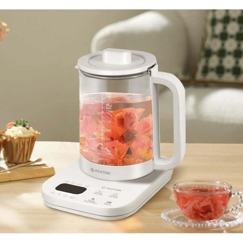 Fierbator apa electric, Paxton, pentru o bautura calda sau o gustare sanatoasa, 800 W, 1.8 l, alb, 8 programe presetate, pornire intarziata, reglaj temperatura, pastreaza setarile anterioare, 1.3kg