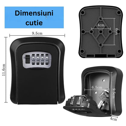 Cutie pentru Chei, NETERRA, montaj pe perete, Aliaj de Aluminiu, cu Cod Mecanic din 4 Cifre, spatiu generos, Impermeabila, IP 44, protectie exterior, 11, 5 × 9, 5 × 4 cm, Negru gri