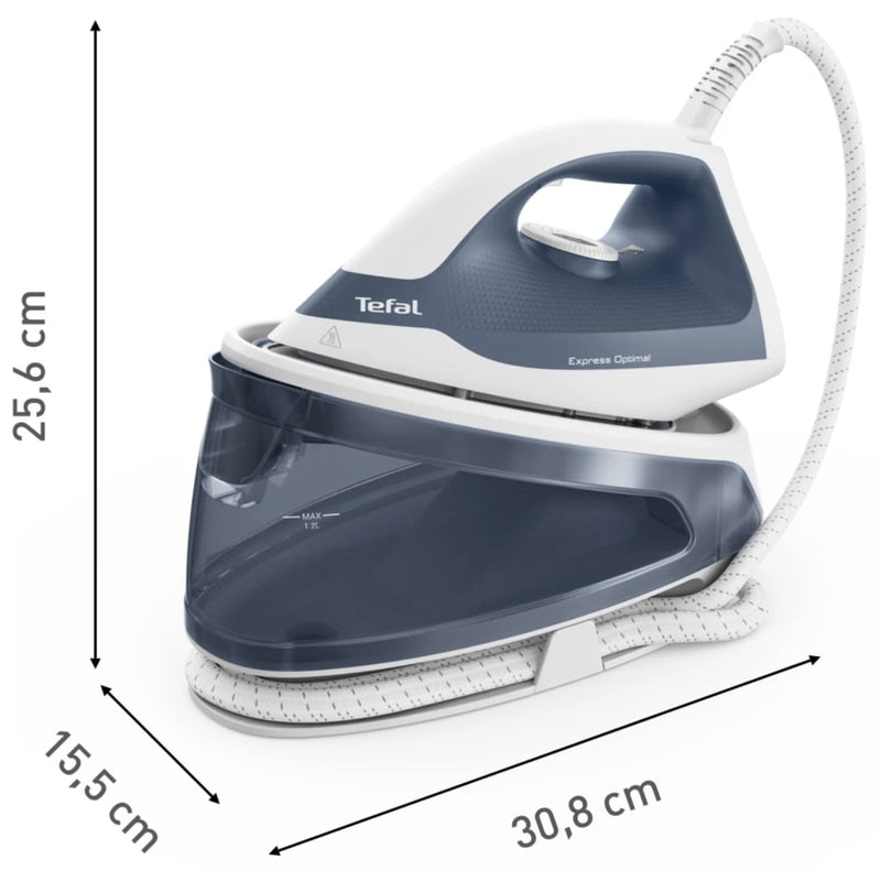 Statie de calcat Tefal Express Optimal, 2200 W, 1.2 litri, jet de abur 190 g/min, talpa Xpress Glide, jet de abur vertical, presiune 5 bar, oprire automata, functie anticalcar, alb albastru
