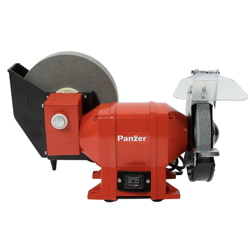 Polizor de banc Panzer, 250W, 2950rpm, 150mm, polizare uscata si umeda, scut de protectie pentru ochi, ideal pentru ascutirea cutitelor, daltilor si altor scule de taiere, 230V, ventilare racire