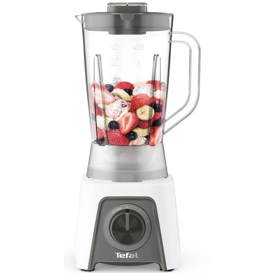 Blender Tefal, 450 W, 2 trepte viteza, 1.5 litri, viteza ajustabila, functie Pulse, antialunecare, bol gradat din plastic, functie zdrobire gheata, Smart Lock, alb, 1.51 kg, 230V, 1.8 m