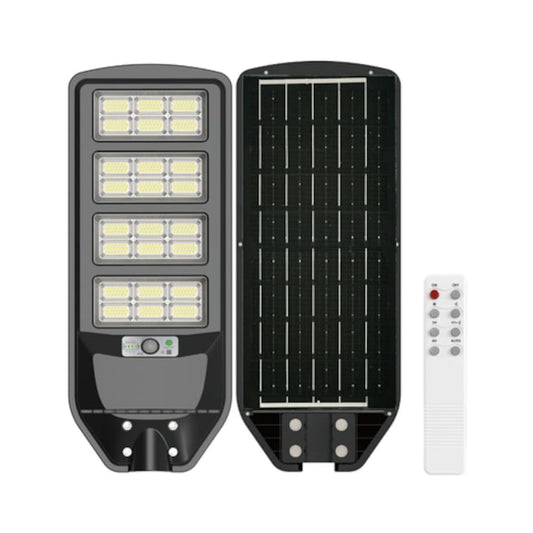 Corp de iluminat solar stradal LED Hoff, 15 W, 2800 lm, lumina rece, negru, cu senzor PIR si telecomanda, 622x251x47mm, autonomie 25.000 ore, 14 ore functionare continua