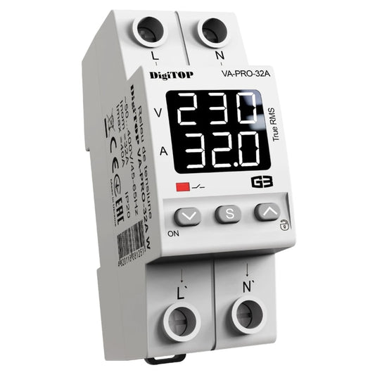 Releu protectie tensiune, DigiTop, monofazat, 230 V, 32A, 2 poli, contacte NC: 2, NO: 0, Montaj pe sina DIN, 2 module, 90 x 35 x 67 cm, temperatura functionare -25 +50, 40 A maxim