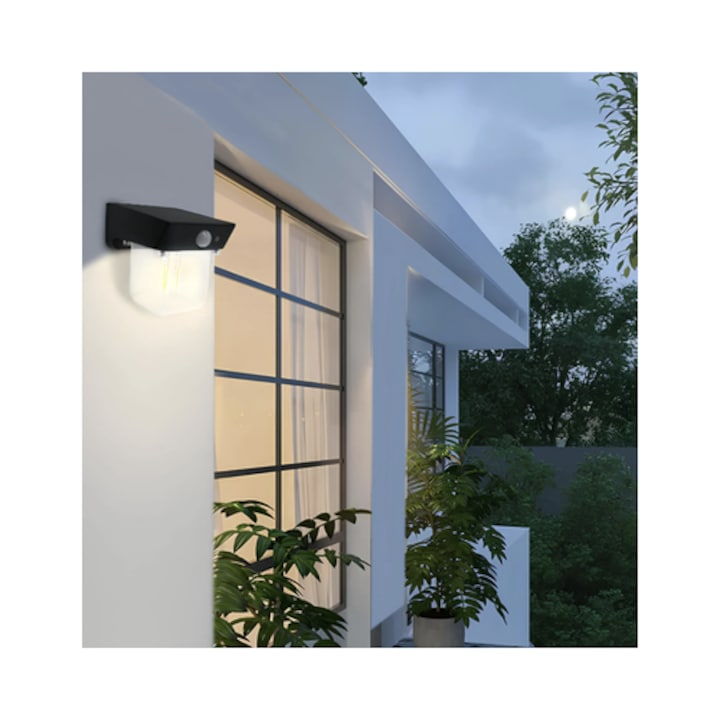 Lampa solara cu LED Hoff, 5 W, 190 lm, lumina calda, senzor de miscare PIR, 2 moduri de iluminare, negru, exterior