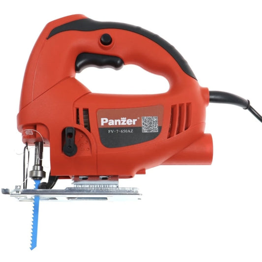 Fierastrau electric vertical, pendular, Panzer, 650 W, 220 V, 107 dB, 3000 curse / min, 70 mm taiere lemn, otel 8 mm, plastic, prindere fara cheie, cablu 2m, baza din otel, 4 pozitii pendulare