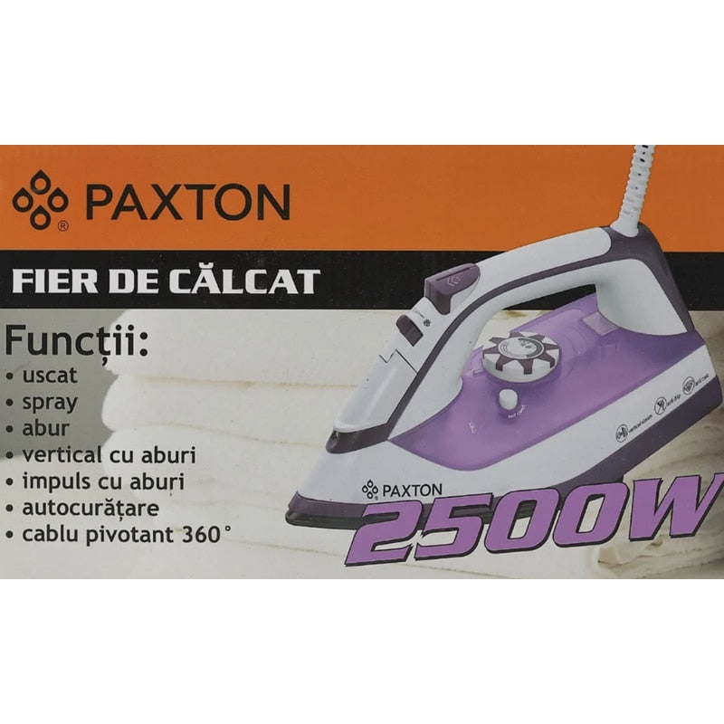 Fier de calcat Paxton, 2500 W, talpa ceramica, 0.3 l, 0.8 g/min, sistem auto-curatare, termostat reglabil, abur vertical, sistem anti-calcar, sistem anti-picurare, alb cu mov, cablu 1.9 m, 1.3 kg