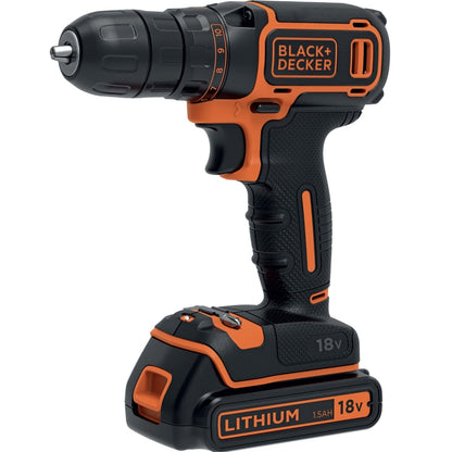 Masina de gaurit si insurubat, 2 acumulatori inclusi, 18 V, 1.5 Ah, Black Decker, 650 rpm, mandrina rapida, 18V, mandarina 10mm, 2 trepte cuplu, 30Nm cuplu maxim, Functionare stanga sau dreapta