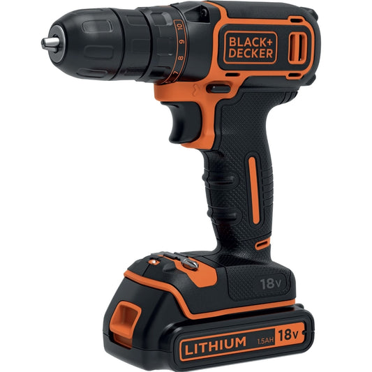 Masina de gaurit si insurubat, 2 acumulatori inclusi, 18 V, 1.5 Ah, Black Decker, 650 rpm, mandrina rapida, 18V, mandarina 10mm, 2 trepte cuplu, 30Nm cuplu maxim, Functionare stanga sau dreapta