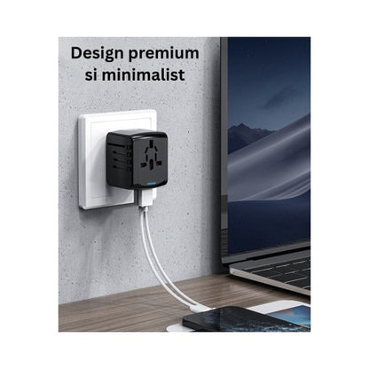 Incarcator de calatorie, universal, adaptor multifunctional cu 2 porturi, 1 priza, 1 USB, 1 USBC, international, SUA, UK, Europa, Australia, 150 tari, 100-250V, 2000W, negru