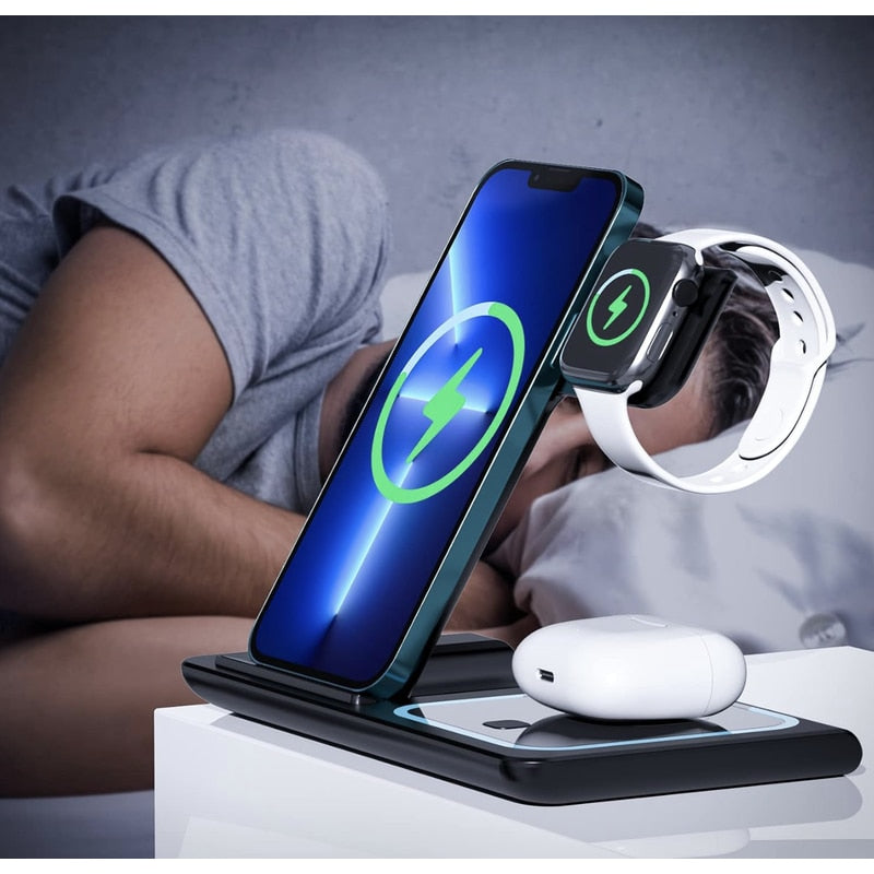 Statie de incarcare wireless 3-in-1, telefon, casti, smart watch, ceas inteligent, Fast Charge 15W, usor de transportat, neagra, brand NETERRA, protectie supraincalzire si supratensiune
