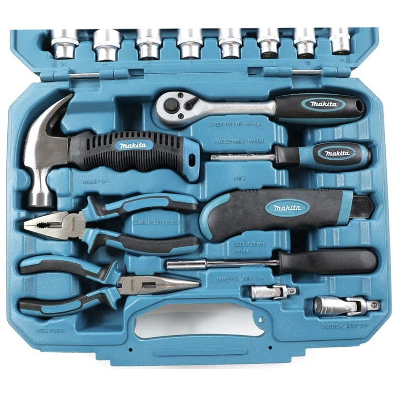 Trusa scule de mana, Makita, 76 piese, material crom vanadiu, cleste combinat, cu varf ascutit, pentru dulgherie, cutter, maner de surubelnita, cheie tubulara, adaptor patrat, articulatie universala