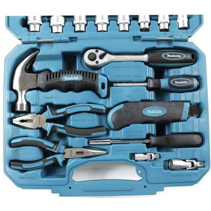 Trusa scule de mana, Makita, 76 piese, material crom vanadiu, cleste combinat, cu varf ascutit, pentru dulgherie, cutter, maner de surubelnita, cheie tubulara, adaptor patrat, articulatie universala